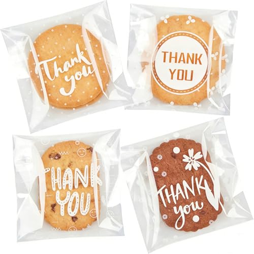 Jutieuo 100pcs Self-Adhesive Thank You Cookie Bags, 4x4 Inch White Polka Dot Clear Cellophane Treat Bags for Individual Dessert Pastry Goodie Candy Cookie Packaging, Party Favors, Bake Sale