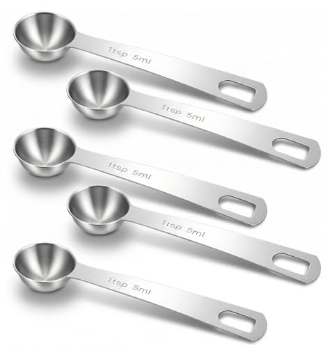 5PCS Teaspoons Measuring Spoon, 4.72 inch Stainless Steel 1 Tsp Measuring Spoon Set for Kitchen Ingredients (Silver, 5ml)