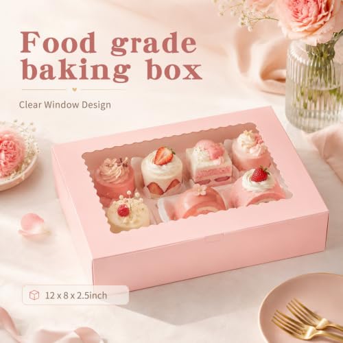 18pcs Auto-popUp Pink Cookie Boxes with Window,12x8x2.5 Inch Bakery Boxes|Sturdy Large Treat Box For Pies Chocolate Strawberries Donuts Pastry Dessert |350gsm Food-grade Thickness Cardboard - color: Pink/18pcs
