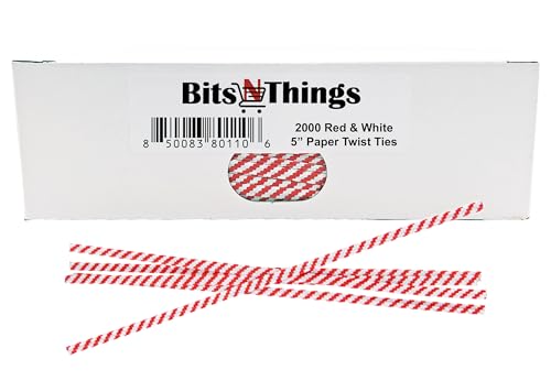 5 Inch Red & White Striped Twist Ties - 2000 Count | Paper Coated Wire Bag Ties | Bread Bags, Bakery, Candy, Coffee & Food Packaging | Dispenser Box | Bits N Things - color: Red & White Stripped, size: 5 Inch - 2000 Count