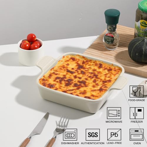 Sweejar Ceramic Baking Dish, 8 x 8 Cake Baking Pan for Brownie, Porcelain Square Bakeware with Double Handle for Casserole, Lasagna, Family Dinner (Beige) - color: Beige, size: Square 8IN