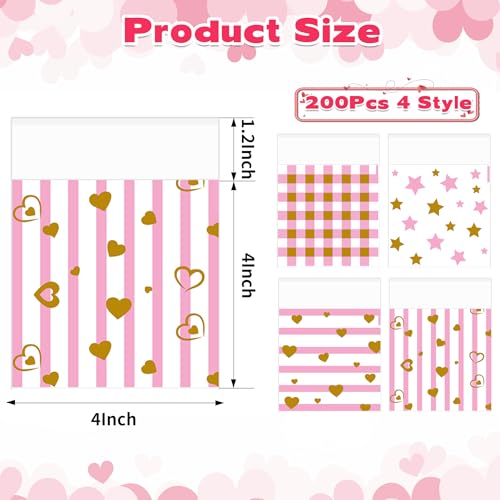 200PCS Valentines Self-Sealing Cookie Bags: 4×4 Inch Clear Cellophane Treat Bags for Cookies, Candy & Goodies, 2.8 Mil Thick Valentine's Day Goodie Bag for Party Favors, Classroom Exchanges & Gifts - color: Valentines -200PCS