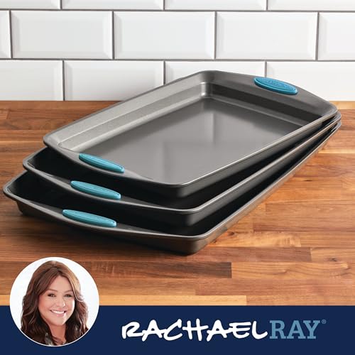 Rachael Ray Nonstick Bakeware Cookie Pan Set, Baking Sheets, 3-Piece, Gray - color: Agave Blue Grips