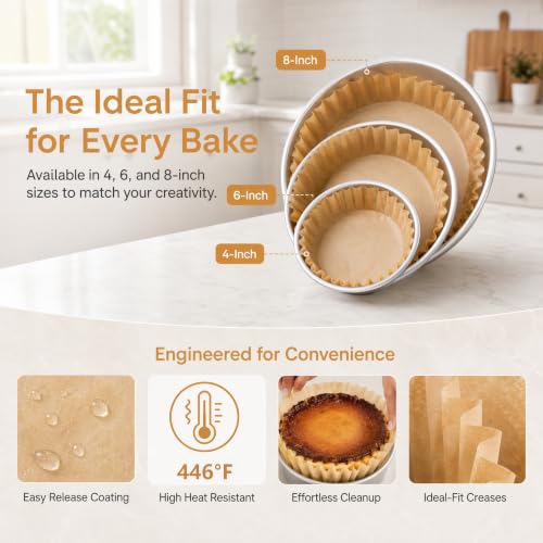 50Pcs 4 Inch Natural Unbleached Parchment Paper Rounds – Non-Stick Precut Baking Circles for Cake & Basque Cheesecake, Easy Peel & Clean Release - size: 4 inch