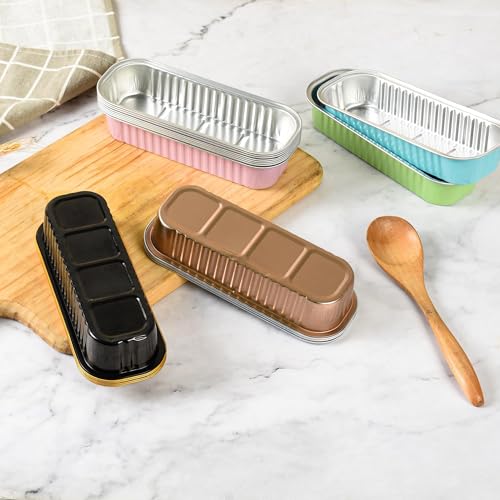 Findful Mini Loaf Baking Pans with Lids and Spoons (50 Pack, 6.8oz) Rectangle Aluminum Foil Baking Pans Tins Containers - Cupcake Containers Wrappers Cheesecake Creme Brulee Ramekins - color: Milk White