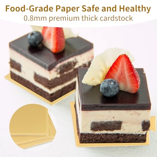 100 Pcs Mini Cake Boards 3.5 x 3.3 Inch,Gold Square Cake Cardboard Cupcakes Base for Desserts, Pastries, Mousse, Food Grade Disposable Cake Display Board for Wedding,Party Bakin,Birthday,Cake DIY - size: 3.5 x 3.3 Inch