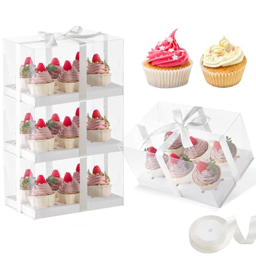 JCD 4 Pack Clear Cupcake Boxes, Plastic Cupcake Containers with Gift Ribbon, 5.5inches height Holder 6 Count Cup Cake Boxes for Parties, Baking, Wedding, Transport (6count/4pcs) - size: 6count/4pcs