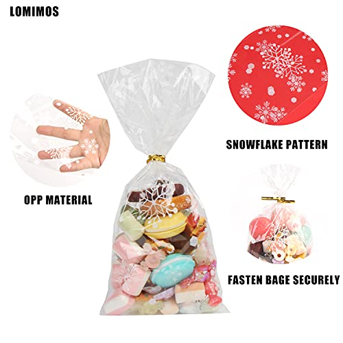 LOMIMOS 120pcs Christmas Cellophane Treat Bags,Clear Plastic Candy Cookie Packing Bags with Twist Ties for Winter Holiday New Year Xmas Party Supplies(Snowflakes) - size: 5x11 Inch (Pack of 120)