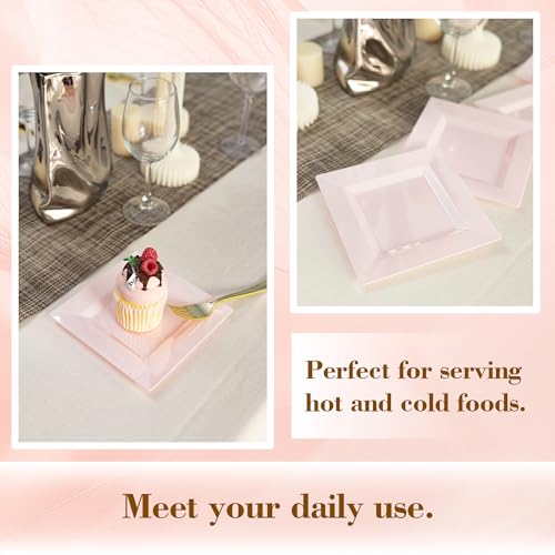 100 Pack Pink Plastic Square Dessert Plates, 6.5" Disposable Salad Plates - color: Pink