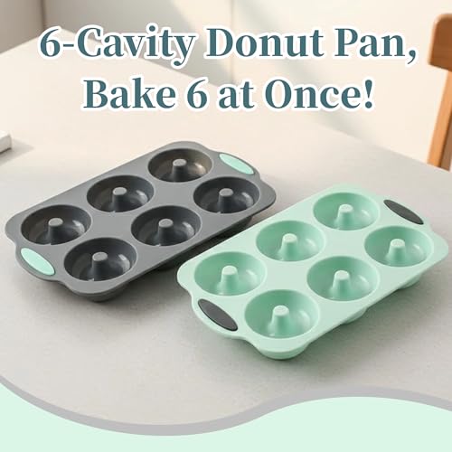 2-Pack Donut Pan Set with Easy-Grip Handles - Large 3" Non-Stick Molds for Baking Vegan, Gluten-Free Bagels & Desserts, Top Choice for Home Bakers (Green & Gray)(DP-01)