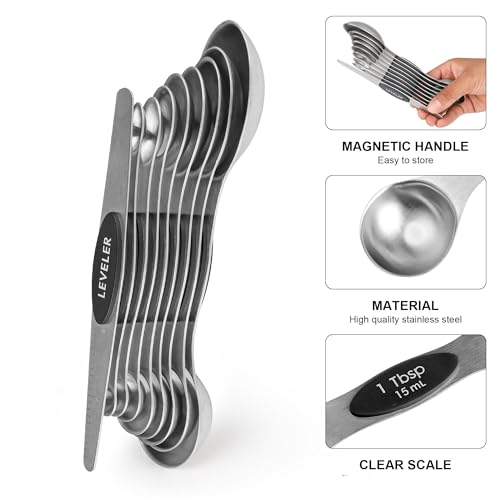 Magnetic Measuring Cups and Spoons Set 16, Metric & US Stainless Steel Measuring Cups and Spoons Set for Dry & Liquid, Metal Measure Cups & Spoons & Leveler for Kitchen&Baking, Black