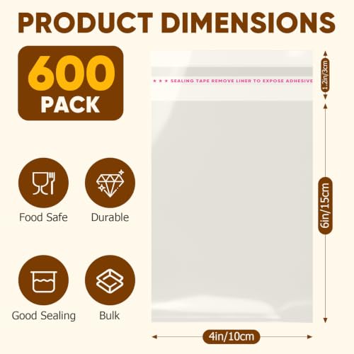 NEOACT 600 Pcs Cookie Bags, 4x6 Clear Self Sealing Cellophane Bags - size: 1 Count (Pack of 600)