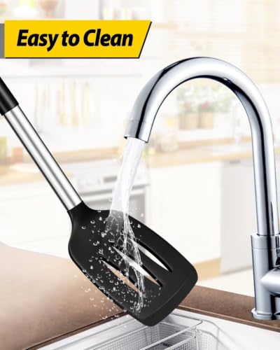 Pack of 2 Silicone Solid Turner, Non Stick Slotted Kitchen Spatulas, High Heat Resistant BPA Free Cooking Utensils, Ideal Cookware for Fish, Eggs, Pancakes(Black) - color: Black