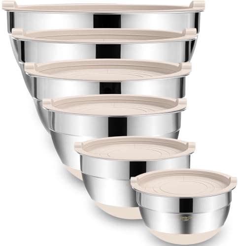 Umite Chef Mixing Bowls with Airtight Lids, 6 piece Stainless Steel Metal Nesting Storage Bowls, Non-Slip Bottoms Size 7, 3.5, 2.5, 2.0,1.5, 1QT, Great for Mixing & Serving (Khaki) - color: Khaki