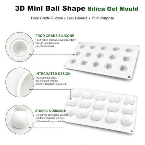 OCPO Kitchen 3D Mini Ball Silicone Mousse Cake Mold, 15 Cavities