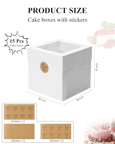 COTOPHER 15Pcs 8x8x8 Inches Cake Boxes, Square Bakery Boxes with Window - color: White, size: 8x8x8inch