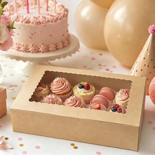 18pcs Auto-popUp Brown Cookie Boxes with Window,12x8x2.5 Inch Bakery Boxes|Sturdy Large Treat Box For Pies Chocolate Strawberries Donuts Pastry Dessert |350gsm Food-grade Thickness Cardboard - color: Brown/18pcs