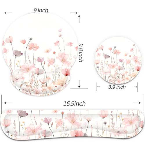 Ergonomic Mouse Pad with Wrist Rest and Keyboard Wrist Rest, Mousepad - color: Pink Watercolor Flowers