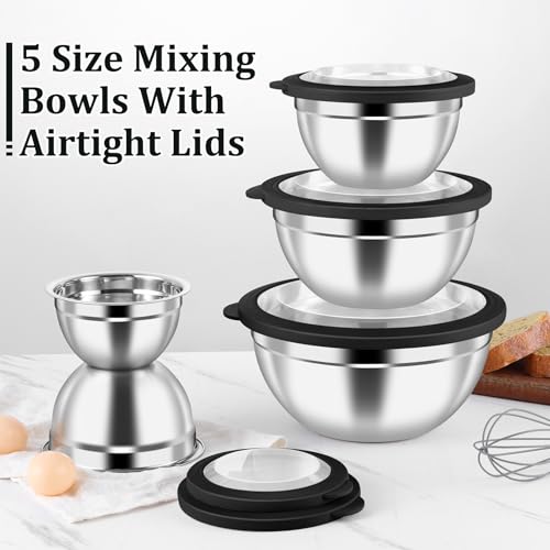 P&P CHEF Metal Mixing Bowls with Lids Set, Visible Airtight Lids & Black - color: Black, style: Visible Airtight Lids