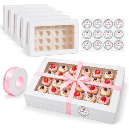 6Pack Cupcake Boxes with Window, 24 Count Cupcake Carriers - color: Pink Polka Dots