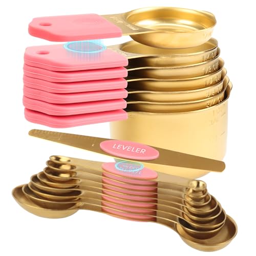 16-Piece Magnetic Measuring Cups & Spoons Set, Stainless Steel, Pink & Gold - color: 16-Piece Pink & Gold