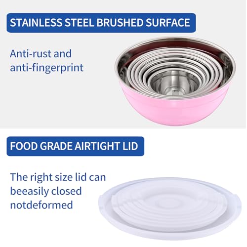 Pink Mixing Bowls with Airtight Lids, Stainless Steel Nesting Mixing Bowls Set of 7, Ideal for Baking, Prepping and Serving Food, Size 7, 3.6, 2.7, 2.1, 1.5, 1.1,0.8 QT, Stackable Design - color: Pink, size: 7 Pieces
