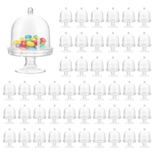 48Pcs Mini Cake Stand, 3.1 x 2.2 in Mini Cake Stand with Dome, Clear Small Cake Stand with Lid for Chocolate, Candy, Macarons, Wedding, Birthday, Party, Sliver