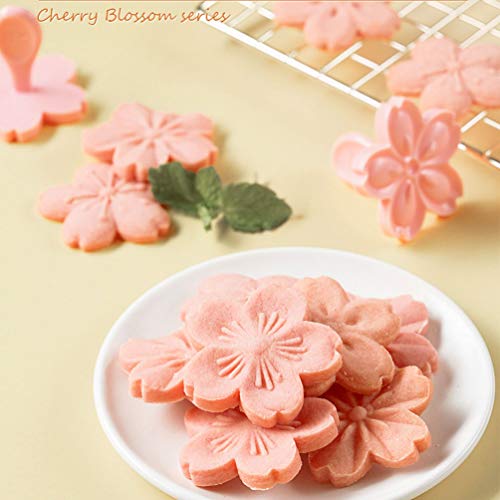 Pastry/Cookie/Fondant Stamper, 2-Inch Press Cookies Mold with 4 Stamps Pink Cherry Blossom Shape Flower Hand Pressure Pastry Tool Fondant Cutters Set for Baking