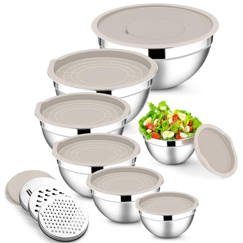 E-far Stainless Steel Mixing Bowls, 7PCS Mixing Bowls with Airtight Lids - color: Khaki, size: 7 Regular Sizes