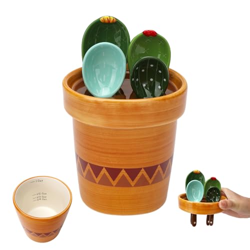 5 Pcs Ceramic Cactus Measuring Spoons with Storage Pot Cute Baking Tool Set