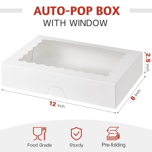 White Cookie Boxes with Window, 30 Pack, 12" x 8" x 2.5" - size: 12" x 8" x 2.5"