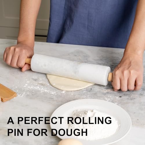 Koville White Marble Rolling Pin With Wooden Handles & Wood Cradle, 18 Inch Polished Marble Rolling Pins For Making Pizza Dough, Dough Roller For Pie Crust, Cookie, Pasta, Ergonomic Handles - color: Namib Fantasy White