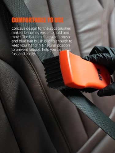 SPTA 3Pcs Car Detailing Brush Kit, Leather & Textile Interior Brush, Comfortable Grip and Scratch-Free Cleaning for Dashboard, Wheels, Seats, Foot Mats and Small Areas, Black