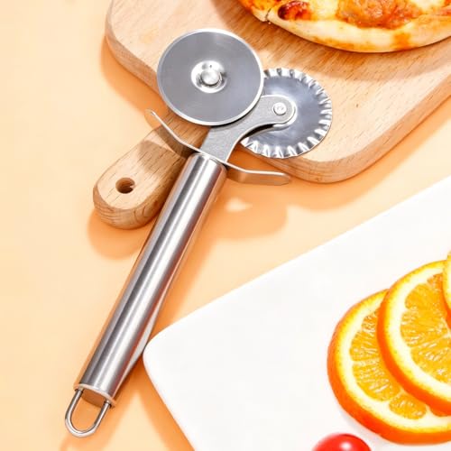 Pastry Cutter Double Wheel, Stainless Steel Pastry Wheel Cutter Tool for Pizza, Pasta, Ravioli, Cookie, Cheese Slicer - 6.5 Inch Dual-Head Baking Utensil - color: Silver
