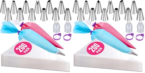 200Pcs Piping Bags and Tips Set, 12 Inch Pastry Bags, Cakes Decorating Kit Supplies, Icing Bags Disposable with 1 Reusable Piping Bags, 12 Frosting Tips, 2 Couplers, 2 Bag Ties (Pack of 2) - size: 12 Inch with Tips（200Pcs） (Pack of 2)