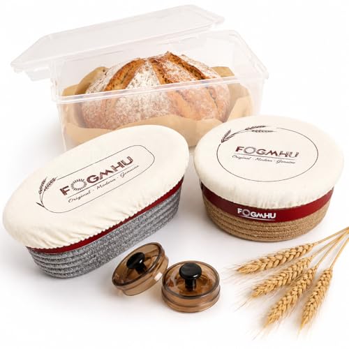 2-Pack Banneton Bread Proofing Baskets – Sourdough Starter Kit for Home Bakers, Cotton Rope Bannetons with Liners, Hanging Hooks & Dough Guide (1 Round + 1 Oval)