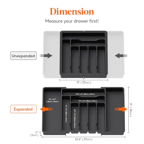 Lifewit Expandable Silverware Drawer Organizer, Kitchen Utensil Tray - color: Black, size: XL (13"-22.4" W × 15"D)