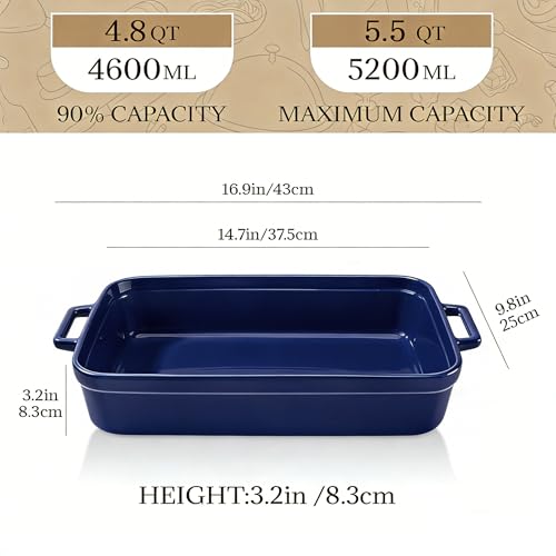 5.5 Quart Casserole Dish,Large Baking Dish Cookware,14.7x10 Inch Deep Lasagna Pan for Oven,Ceramic Bakeware for Baking, Easy to Clean, (Blue) - color: Blue