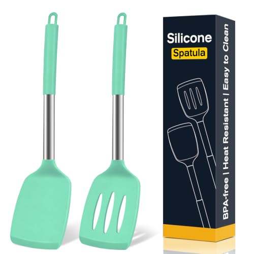 2 Pack Silicone Spatula Set, Solid & Slotted Turner for Non-Stick Pans - color: Teal
