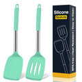 2 Pack Silicone Spatula Set, Solid & Slotted Turner for Non-Stick Pans - color: Teal
