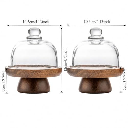 2 Pack 4.1 Inch Mini Cake Stands with Glass Domes, Acacia Wood Dessert Display Stands for Macarons, Cupcakes, Candy, Cookies and Cheese Bites - color: Two 4.1-inch Mini Acaciawood Dessert Cups
