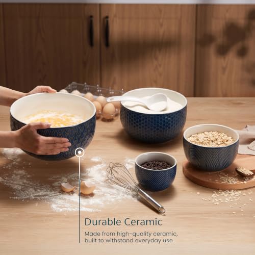KooK Ceramic Nesting Bowls, Embossed, Oven Safe, Set of 4, Midnight Blue - color: Midnight Blue