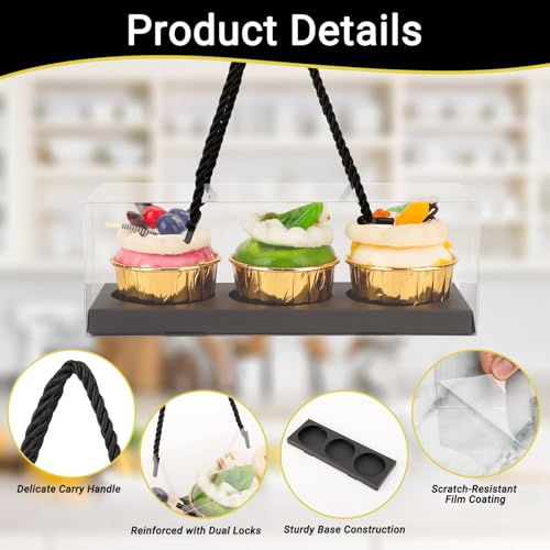 EUSOAR Clear Cupcake Boxes, 40 Pcs 9"x3"x3" Black 3 Compartments Pastry Cupcake Containers with Gift Rope Handle,Portable Dessert Muffins Holder Cookies Carrier for Birthday Wedding Party Bakery - color: Black