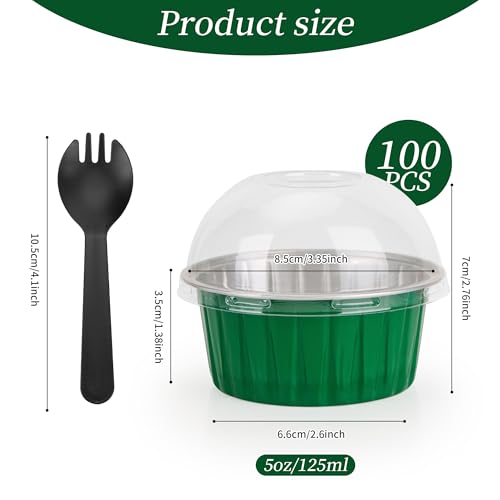 100-Pack 5 oz Green Mini Cake Pans with Lids, Disposable Aluminum Foil Baking Cups, Muffin Tins, Ramekins for Cupcakes, Brownies, Pudding - Festive for St Patricks Day, Birthday Party Supplies - color: Green