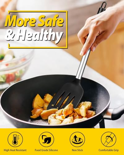 Pack of 2 Silicone Solid Turner, Non Stick Slotted Kitchen Spatulas, High Heat Resistant BPA Free Cooking Utensils, Ideal Cookware for Fish, Eggs, Pancakes(Black) - color: Black