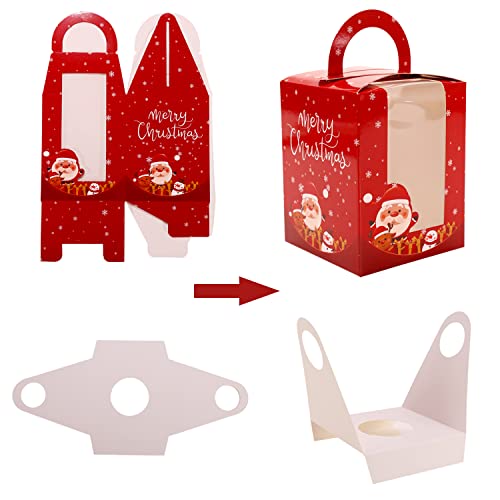 Christmas Cupcake Boxes,12 Pcs Single Cupcake Carrier with Window Insert and Handle, Cupcake Carriers for Bakery Wrapping Sweets Christmas Festival Party Favor Packaging