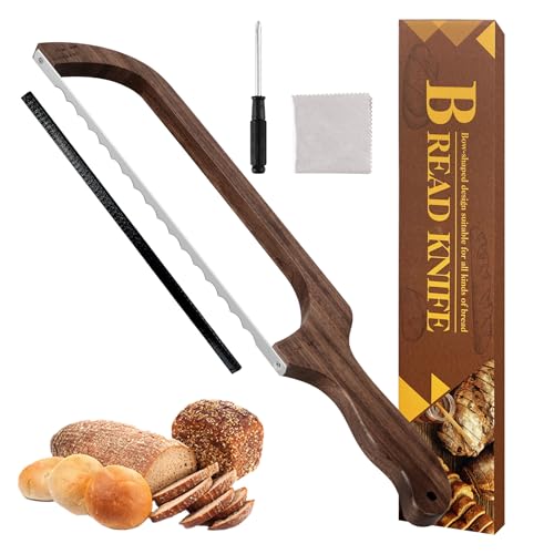 Bread Knife for Homemade Bread, Sourdough Bread Slicer & Bread Cutter with Measuring Scale, 15.7" Serrated Blade for Even Slices, Walnut Bow Knife with Cover & Scoring Tool, Gift for Bakers