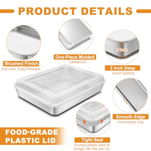Stainless Steel Baking Pan with Lid, 12⅓ x 9¾ x 2 Inch Deep Rectangle Cake Pans with Cover for Cakes, Brownies, Cookies, Deep Side & Heavy Duty,Dishwasher & Fridge & Oven Safe(2 Pans + 2 Lids) - size: 12.4 x 9.85 x 2 Inch