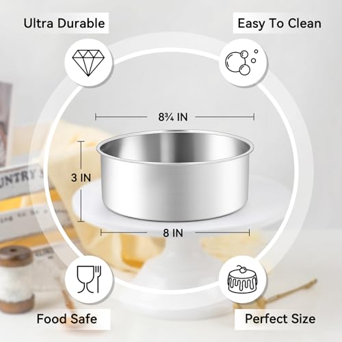 Leonyo 8 Inch Cake Pan, Stainless Steel Circle Baking Pans Set, 3 Pieces Round Layer Cake Tin for Wedding Birthday, Even Heating, Non Toxic & Healthy, Heavy-Duty, Dishwasher Safe - size: 8x3 Inch