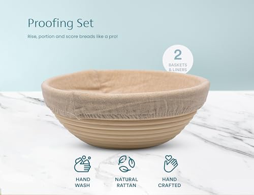 Kook Banneton Bread Proofing Set, Artisan Sourdough Bread Making Kit, 9 Inch Handwoven Rattan Baskets and Liners, Metal & Plastic Dough Scrapers, Scoring Lame & Case, 4 Extra Blades, Set of 2, Round - color: Round Deluxe Set